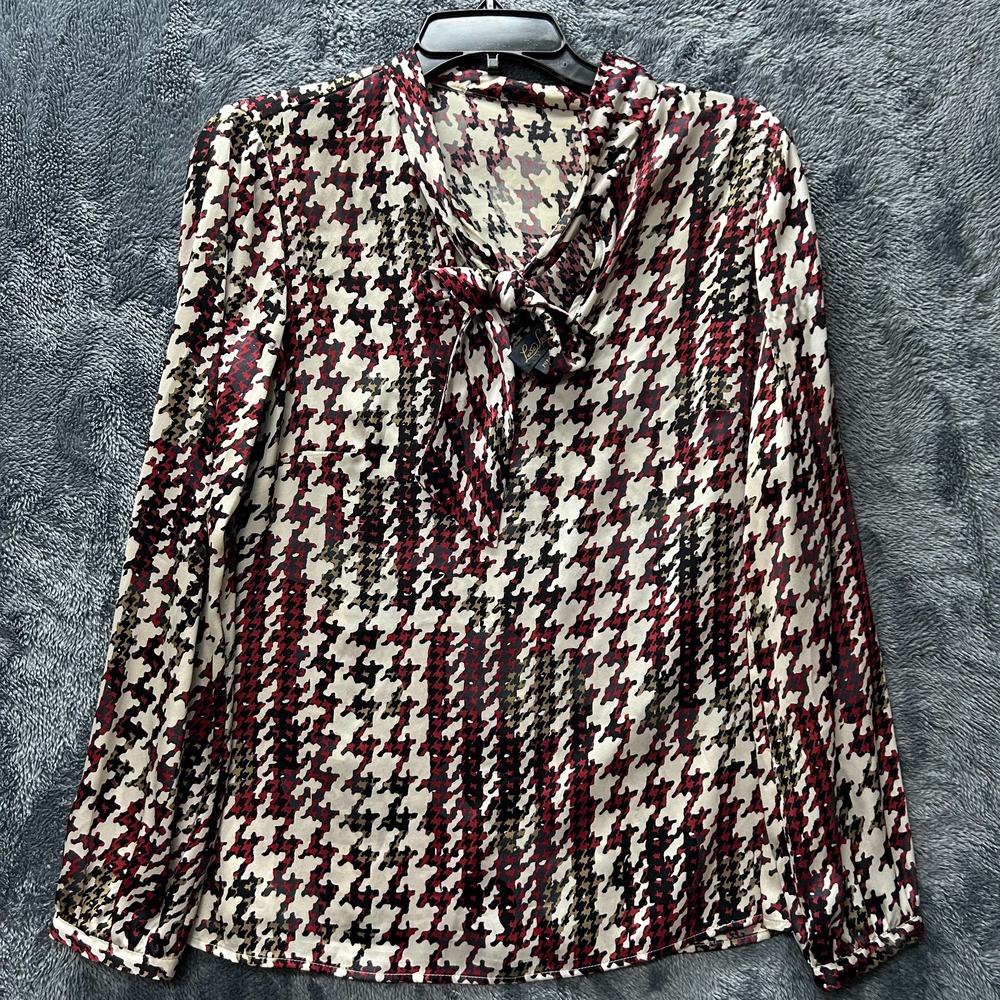 Luisa Spangoli Womens Size S Silk Red Beige Printed Long Sleeve Top (S2)
